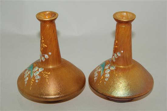 A pair of Bohemian enamelled lustre bottle vases, early 20th century, 14cm